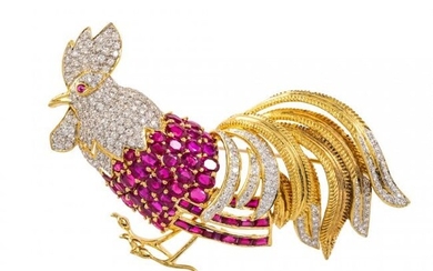 18 Karat Gold, Diamond and Ruby Rooster Brooch