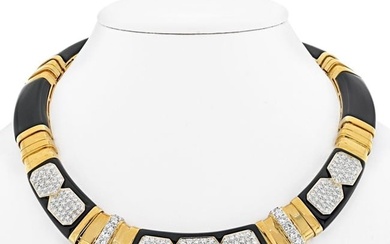 18K Yellow Gold Diamond Onyx Gold Link Collar Necklace