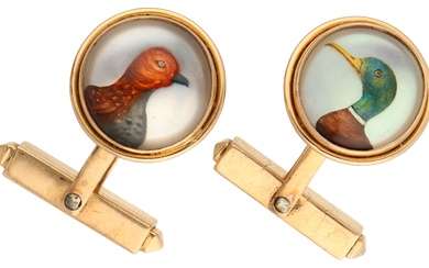 18K Yellow gold hunter's cufflinks with colored rock cristal intaglio's of a duck and a...