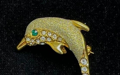 18KTGP Dancing Dolphin Brooch With Inset Austrian Crystals & Brilliant Green Gemstone Eye