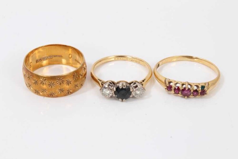 18ct gold sapphire and diamond three stone ring, garnet five stone ring and 18ct gold wedding ring