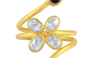 18k Yellow Gold Ring With Rose Cut Diamonds & Blue Sapphire