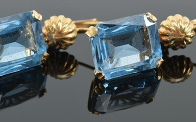 18kt gold and blue topaz drop earrings. Emerald cut