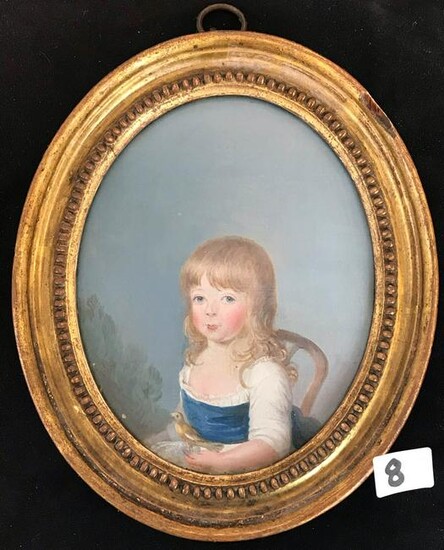 18th Century Watercolor Portrait of Girl with Bird