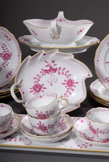 19 piece Meissen service "Indian Purple" with reduced painting, 20th century, consisting of: 4 coffee cups/saucer (h. 6cm, 2x grinded), 8 plates (Ø 20cm), 4 small plates (Ø 18cm), 1 sauce boat on solid base (10x23x11cm), 1 leaf bowl (20x18cm) and 1...
