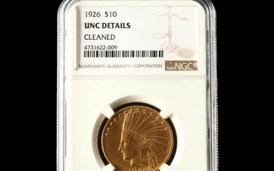 1926 $10 Gold Indian Head Eagle, NGC UNC Details - Cleaned