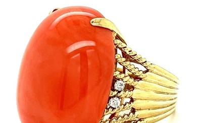1970s 14K Yellow Gold Italian Coral & Diamond Ring