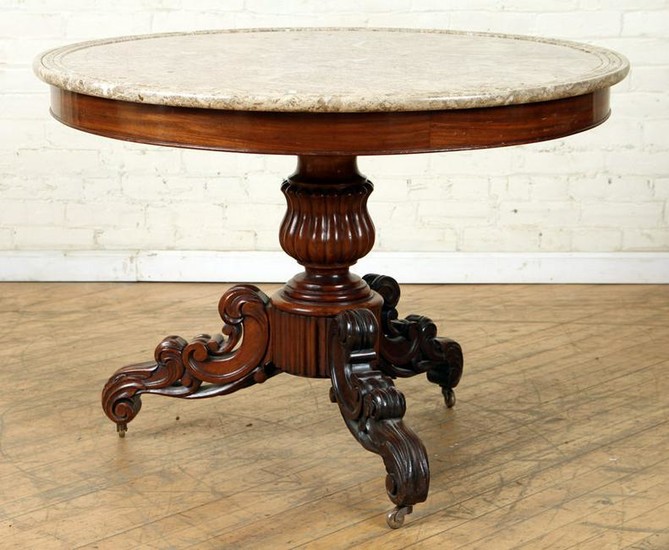 19TH C. FRENCH MAHOGANY TABLE UNUSUAL MARBLE TOP