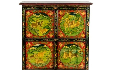 19th C. Tibetan Animal Scene Painted 4 Door Cabinet
