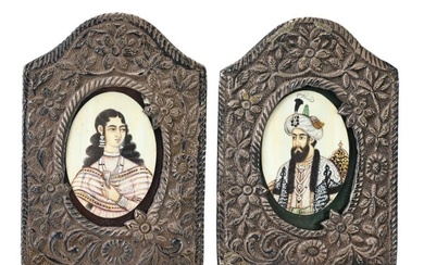 2 Indo Persian Portrait Miniatures Carved Frames