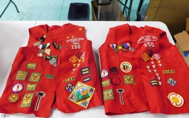 2 Red Cub Scout Vests with Many Embroidered Patches and Some Medals