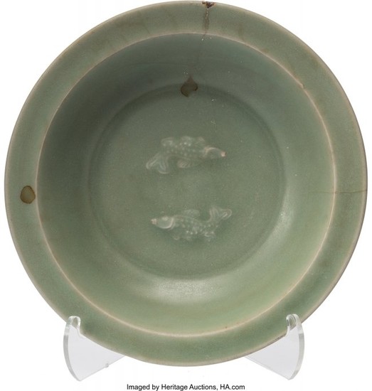 21308: A Chinese Celadon Porcelain Plate with Fish Deco
