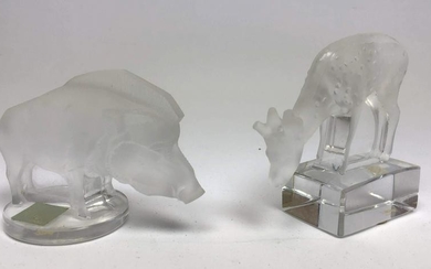 2pc LALIQUE France Deer and Warthog Animal Figurines.