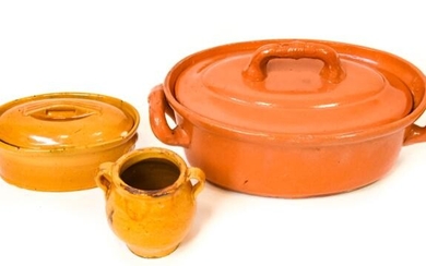 3 Vintage Ochre Ceramic Tureens + Confit Jar