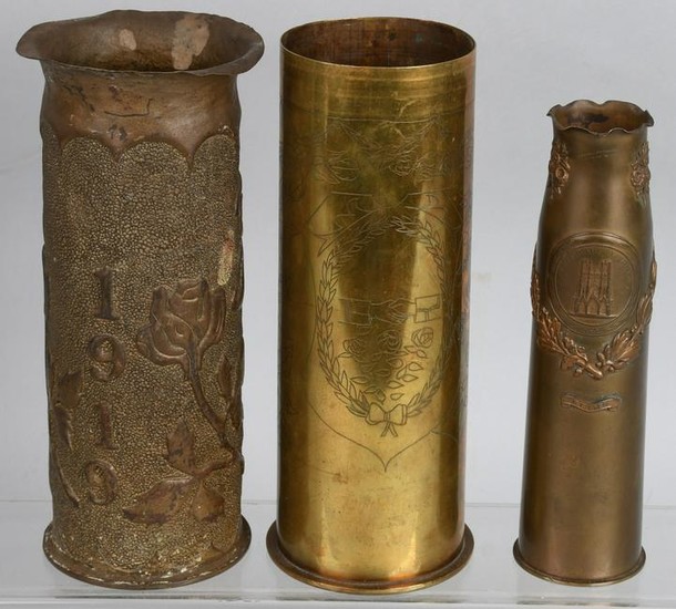 3 WWI TRENCH ART SHELLS WITH DECORATIONS