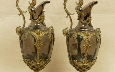 Pair of 19th C Glass Ewers with Bronze Mounts