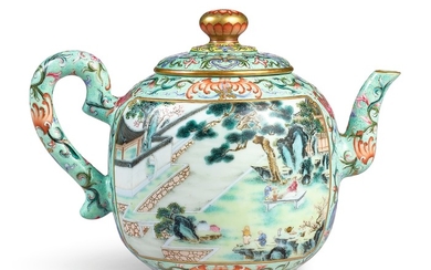 A RARE TURQUOISE-GROUND FAMILLE-ROSE 'HUI MOUNTAIN RETREAT' TEAPOT AND COVER SEAL MARK AND PERIOD OF QIANLONG