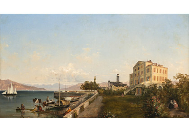 Ambrogio Fermini ( Cernusco Sul Naviglio 1811 - Milano 1883 ) , "Scorcio del Lago Maggiore con chiesetta sullo sfondo" olio su tela (cm 72x115.5) Tracce di firma e data in basso...