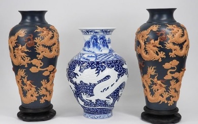 3PC Chinese Porcelain & Terracotta Dragon Vases
