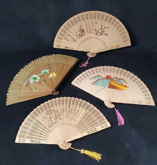 4 Hand Painted Oriental Wooden Fans