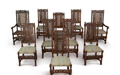 AN ASSEMBLED SET OF TEN WILLIAM AND MARY CARVED AND TURNED CANED WALNUT CHAIRS, LATE 17TH CENTURY