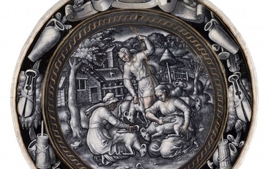 Pierre Courteys (Limoges 1520-1581) Le mois de juin Assiette d'émail peint sur cuivre en grisaille sur fond noir et rehauts de carnations et dorure, monogrammée PC et datée (15)69