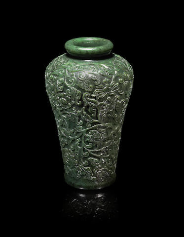 A large spinach green jade 'lotus scroll' vase, meiping