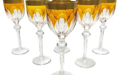 6 Justin Tharaud Amber to Clear Glass 8 ounce Water Goblets, Gilt Rim