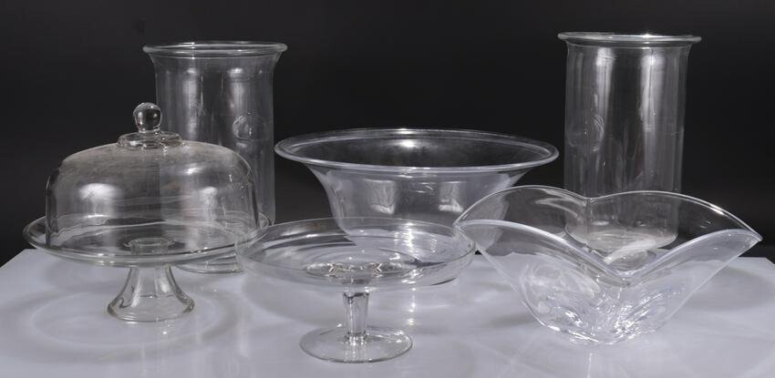 6 Very Large Clear Glass Bowls, Stands, Vases