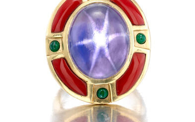 A star sapphire, emerald and chalcedony ring