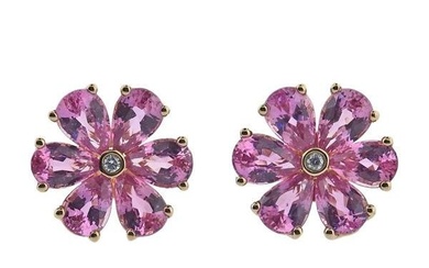 6.21ctw Pink Sapphire 18k Gold Diamond Flower Stud Earrings