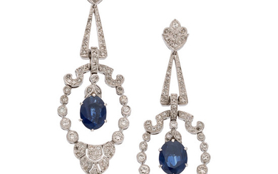 Sapphire, Diamond, White Gold Earrings The earrings feature oval-shaped...