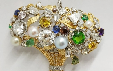 18k gold "Tutti Fruit" colored diamond sapphire basket brooch/ pendant - GIA certified - signed artist-2.00 ct diamond- pink diamond