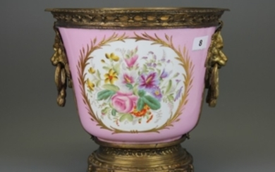 A 19th Century French hand painted porcelain and ormolu mounted planter, H. 28cm Dia. 29cm.