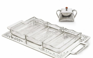 Austrian silver glass tray, Polish jam pot