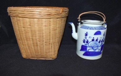 Chinese Blue & White Teapot with Basket