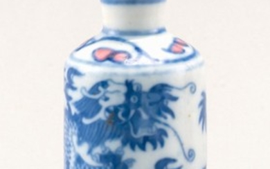 CHINESE UNDERGLAZE BLUE PORCELAIN SNUFF BOTTLE In cylindrical form, with five-clawed dragon design. Four-character Qianlong mark on...