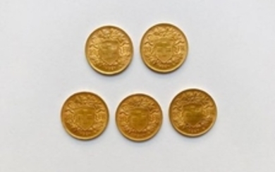 Lot comprenant cinq pièces de 20 Frs or suisse…
