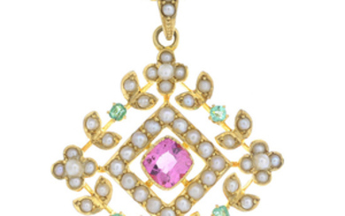An early 20th century 15ct gold split pearl, tourmaline and emerald pendant, with chain.