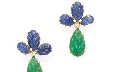 A pair of emerald, sapphire and diamond pendant earrings