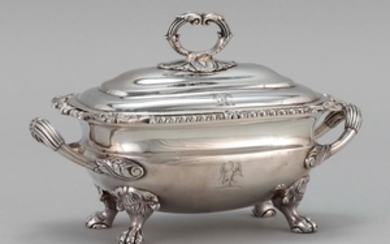 GEORGE III STERLING SILVER COVERED SAUCE TUREEN Thomas Robins, maker. Cover with foliate handle and engraved eagle armorial. Body wi...