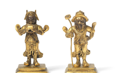A pair of gilt-bronze figures of Zhou Cang and Guan Ping