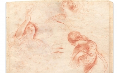 Giovanni Francesco BARBIERI, dit il GUERCINO Cento, 1591 - Bologne, 1666 Feuille d'étude recto-verso : trois études de figures féminines, deux études de figures