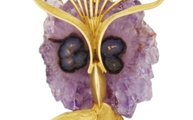 Gold and Amethyst Owl Brooch-Pendant, French