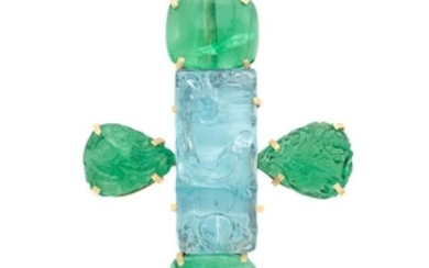 Gold, Carved Aquamarine and Cabochon Emerald Pendant-Brooch
