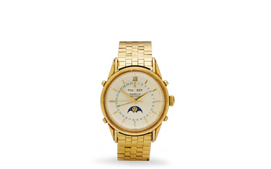 Gübelin. A fine 18K gold automatic center seconds calendar watch with moon phase