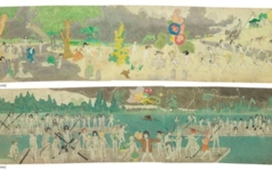 Henry Darger (1892-1973), 93 At Jennie Richee, are chaced for long distance by Glandelinians with blood hounds. / 95 At Jennie Richee, Escape down Aronburgs Run River through circle section in storm., double sided