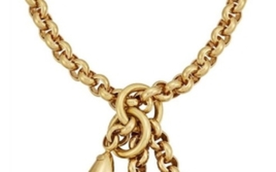 An Italian large belcher-link necklace, suspending three...
