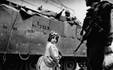 Jan Grarup: "Small girl dressed up as a princess passing some of the Israel Defense Forces on her way to join the Purim parade". Signed Jan Grarup.