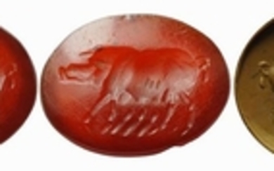 Large roman intaglio in deep red carnelian. Sow with offspring....